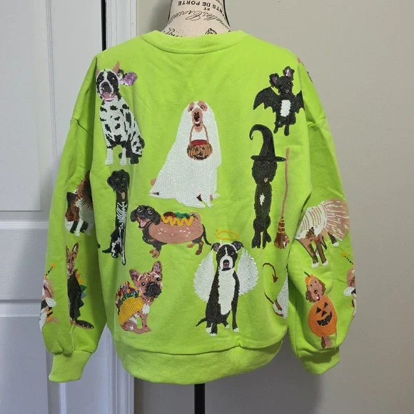 Queen of Sparkles Limited Edition Halloween Dogs Lime Green Sweatshirt Small - Picture 12 of 12
